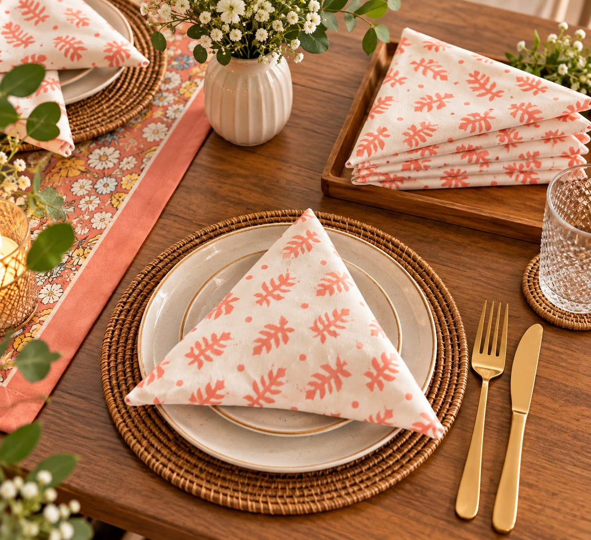 A styled dining table setting featuring folded cream napkins with a coral-orange leaf pattern, arranged on woven placemats with white plates, gold-toned cutlery, a glass tumbler, and floral table decor.