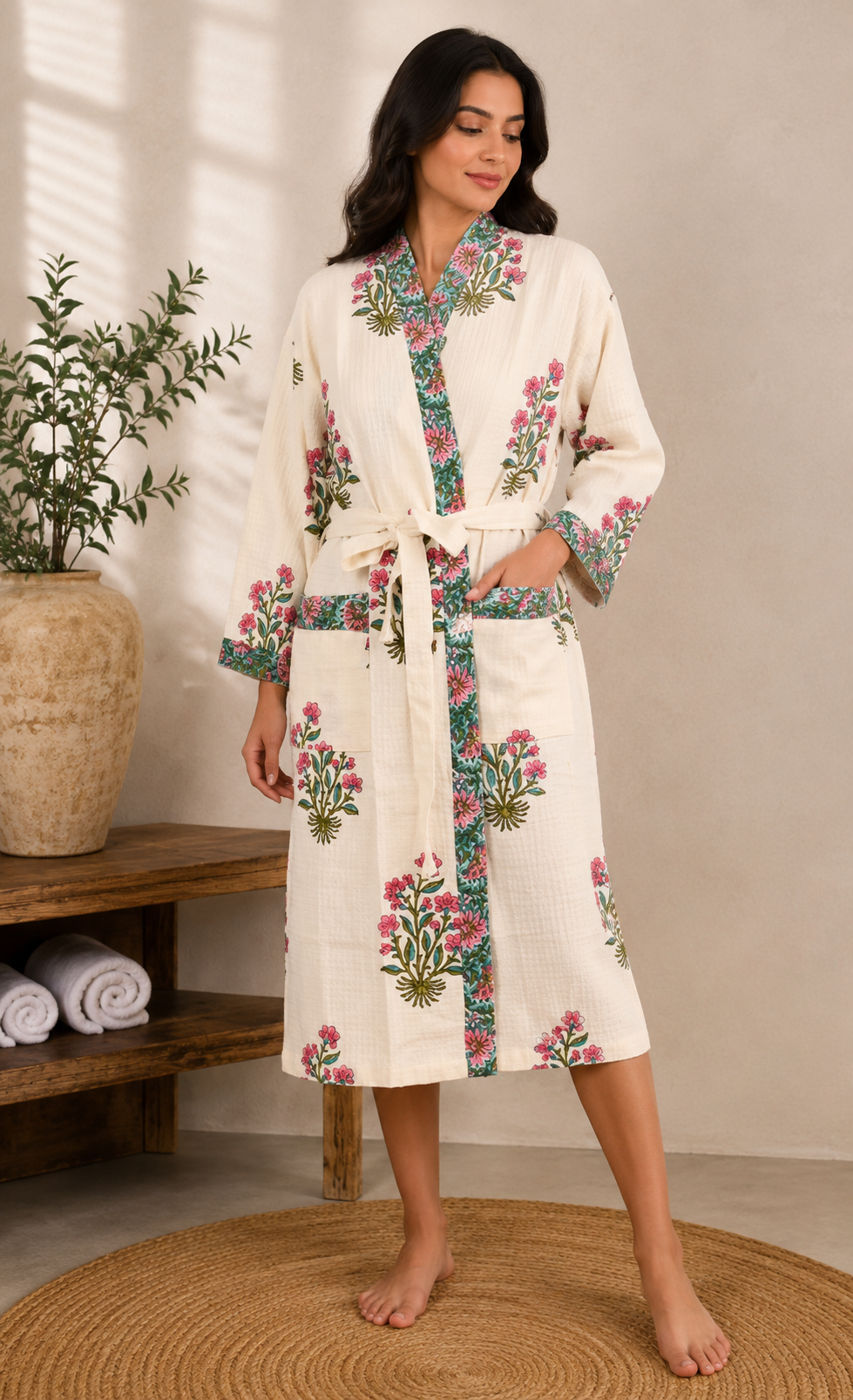 Jaipur Pink Flora - Hand Block Print Pure Cotton Waffle Weave Bathrobe