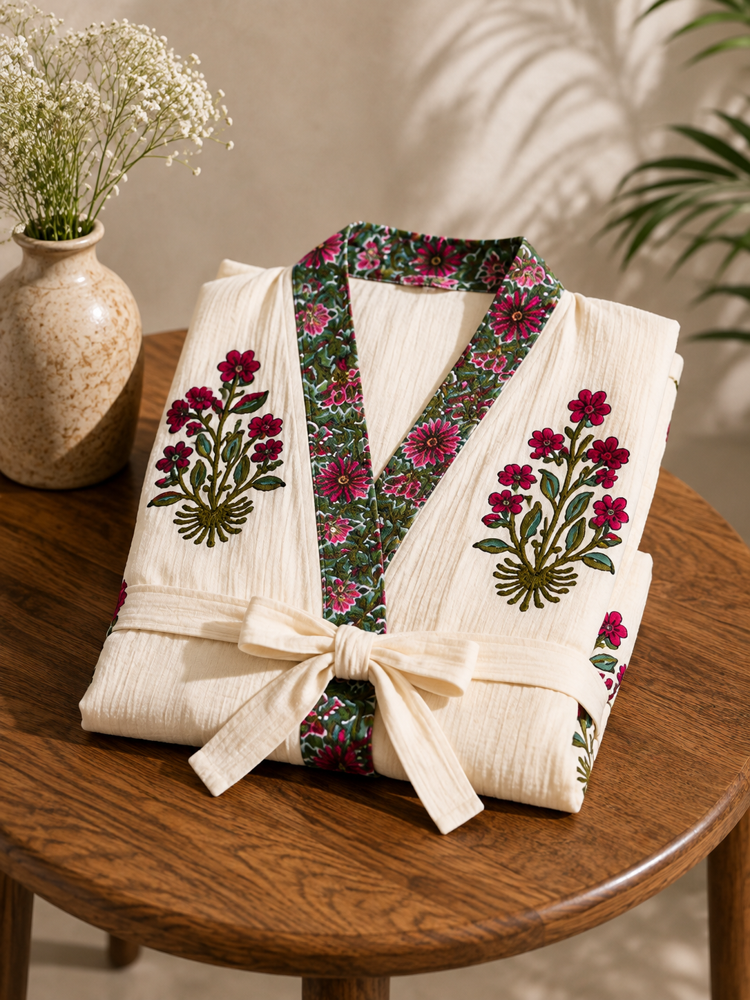 Jaipur Pink Flora - Hand Block Print Pure Cotton Waffle Weave Bathrobe