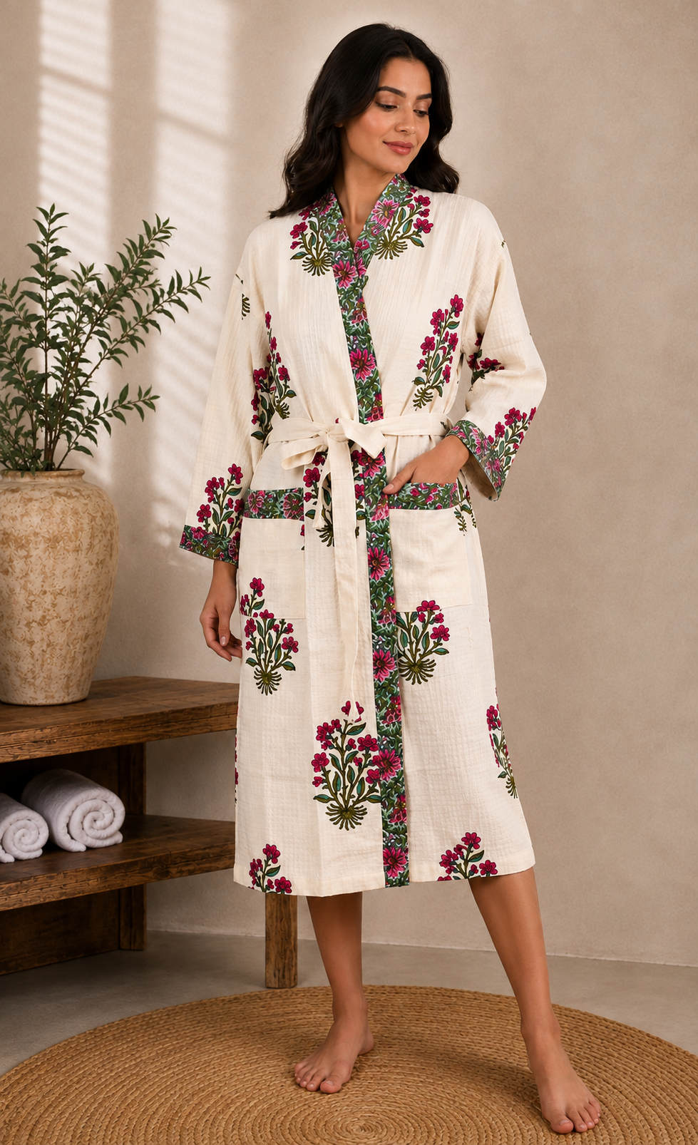 Jaipur Pink Flora - Hand Block Print Pure Cotton Waffle Weave Bathrobe