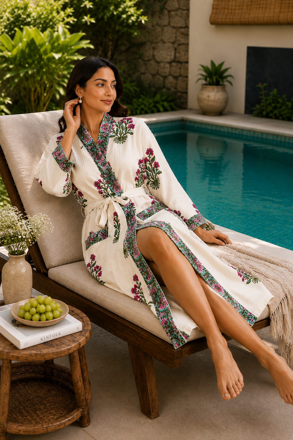 Jaipur Pink Flora - Hand Block Print Pure Cotton Waffle Weave Bathrobe