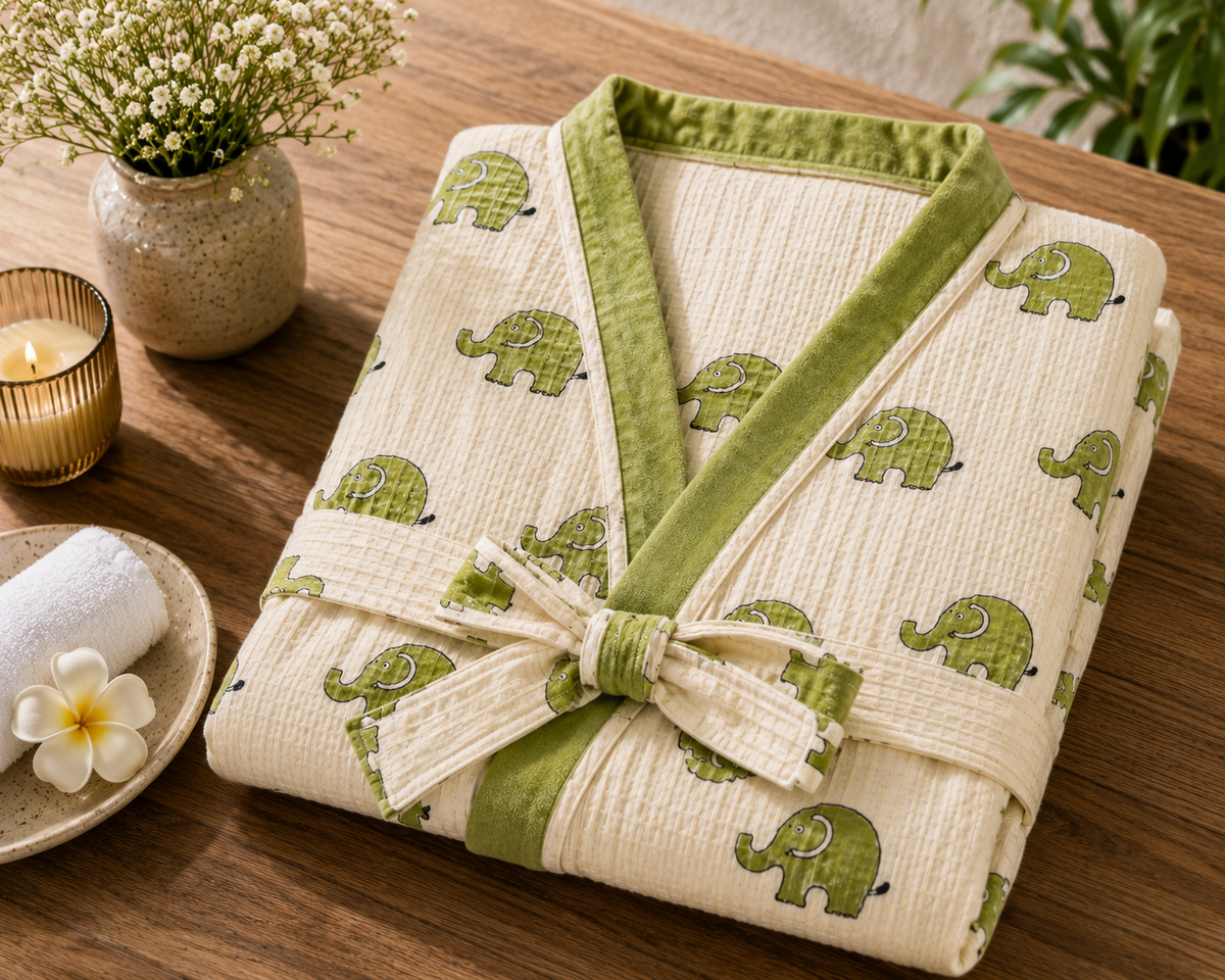 Jungle Comfort - Hand Block Print Pure Cotton Waffle Weave Bathrobe