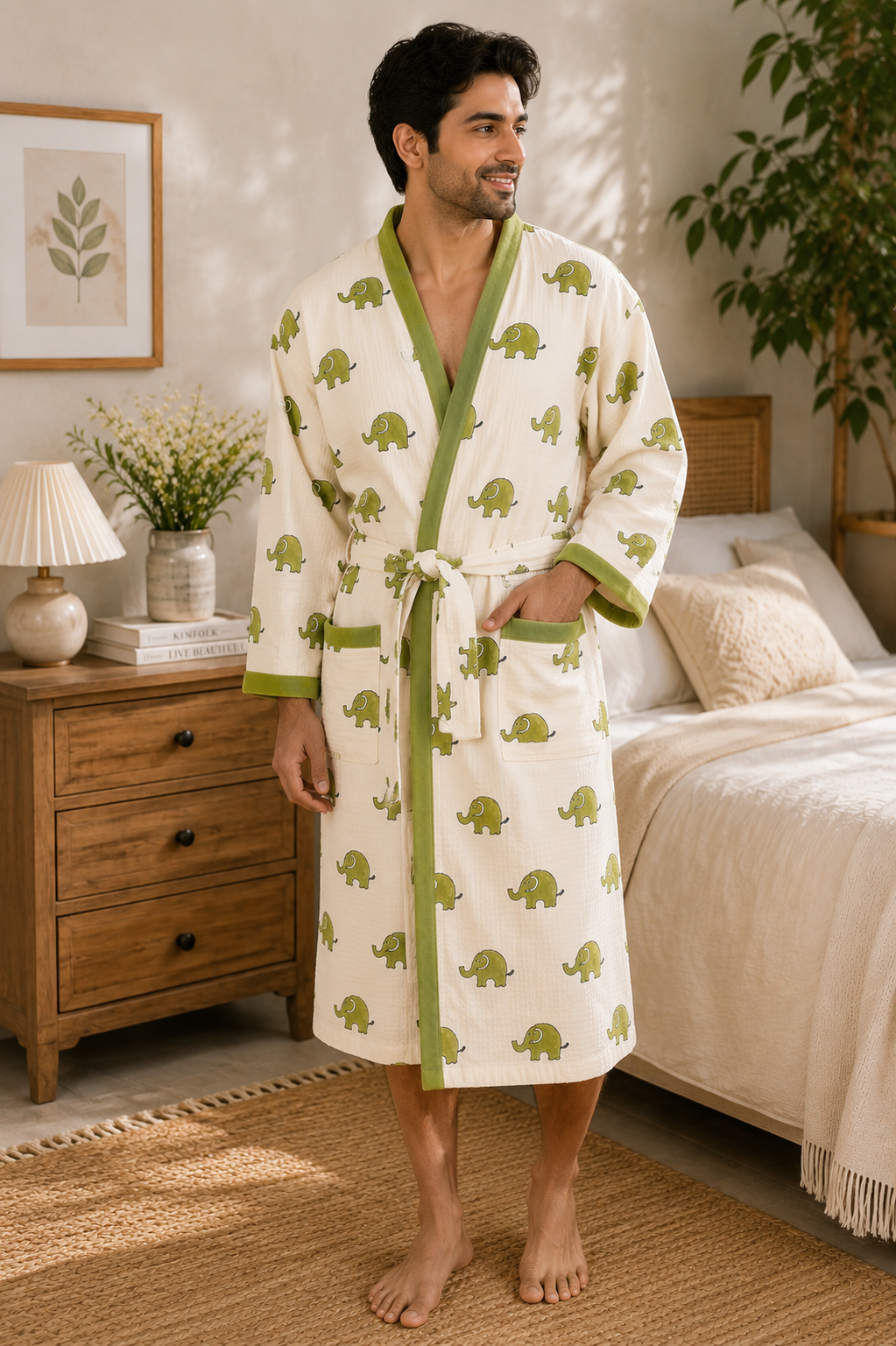 Jungle Comfort - Hand Block Print Pure Cotton Waffle Weave Bathrobe