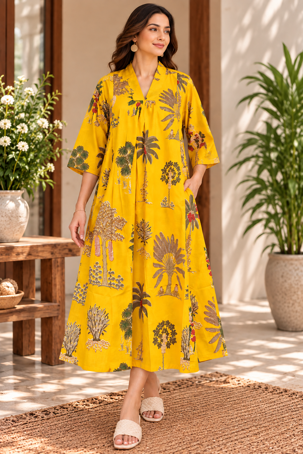 Kesar Vanya Yellow Botanical Printed Dress