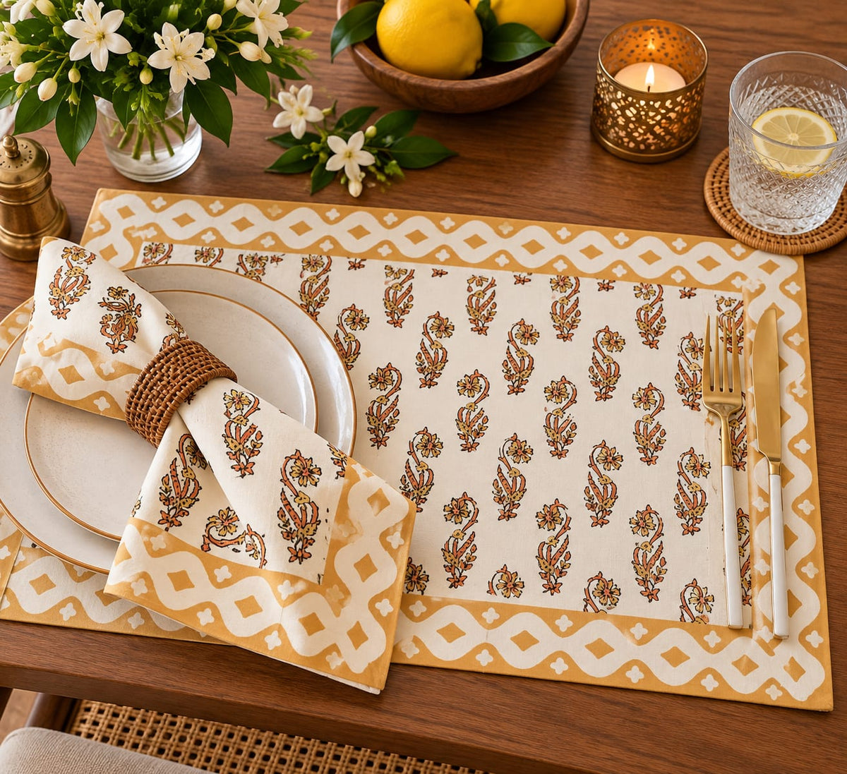 A styled table setting featuring a cream and mustard yellow block-print placemat with a matching folded napkin, white plates, gold-toned cutlery, a lit candle, and floral accents on a wooden table.