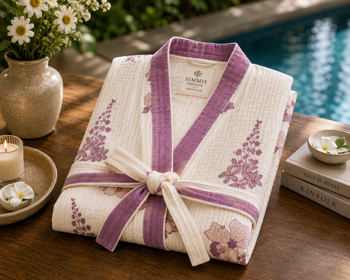 Lavender Bloom - Hand Block Print Pure Cotton Waffle Weave Bathrobe