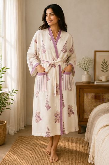 Lavender Bloom - Hand Block Print Pure Cotton Waffle Weave Bathrobe