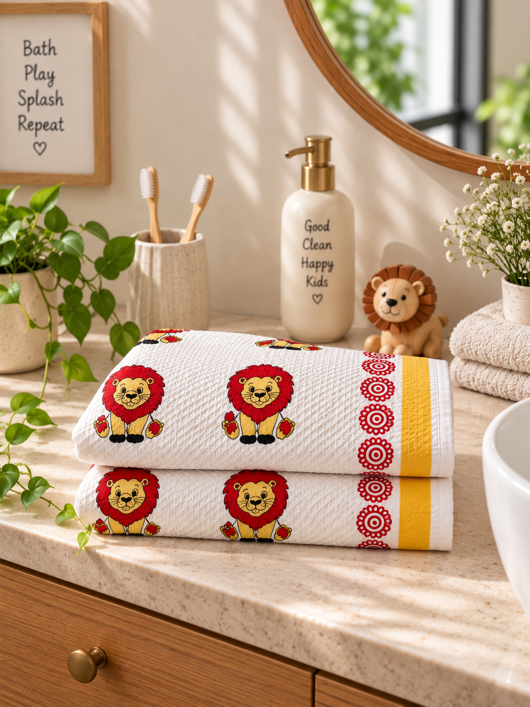 A white waffle-weave baby bath towel featuring a playful pattern of red lions with yellow and black details, hanging on a brass hook in a beautifully styled bathroom setting.
