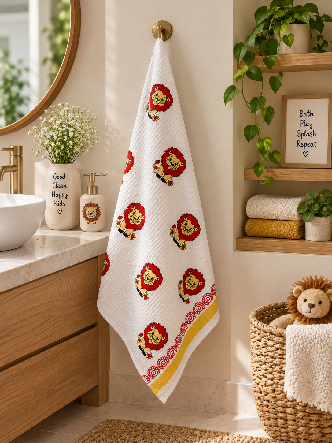 A white waffle-weave baby bath towel featuring a playful pattern of red lions with yellow and black details, hanging on a brass hook in a beautifully styled bathroom setting.