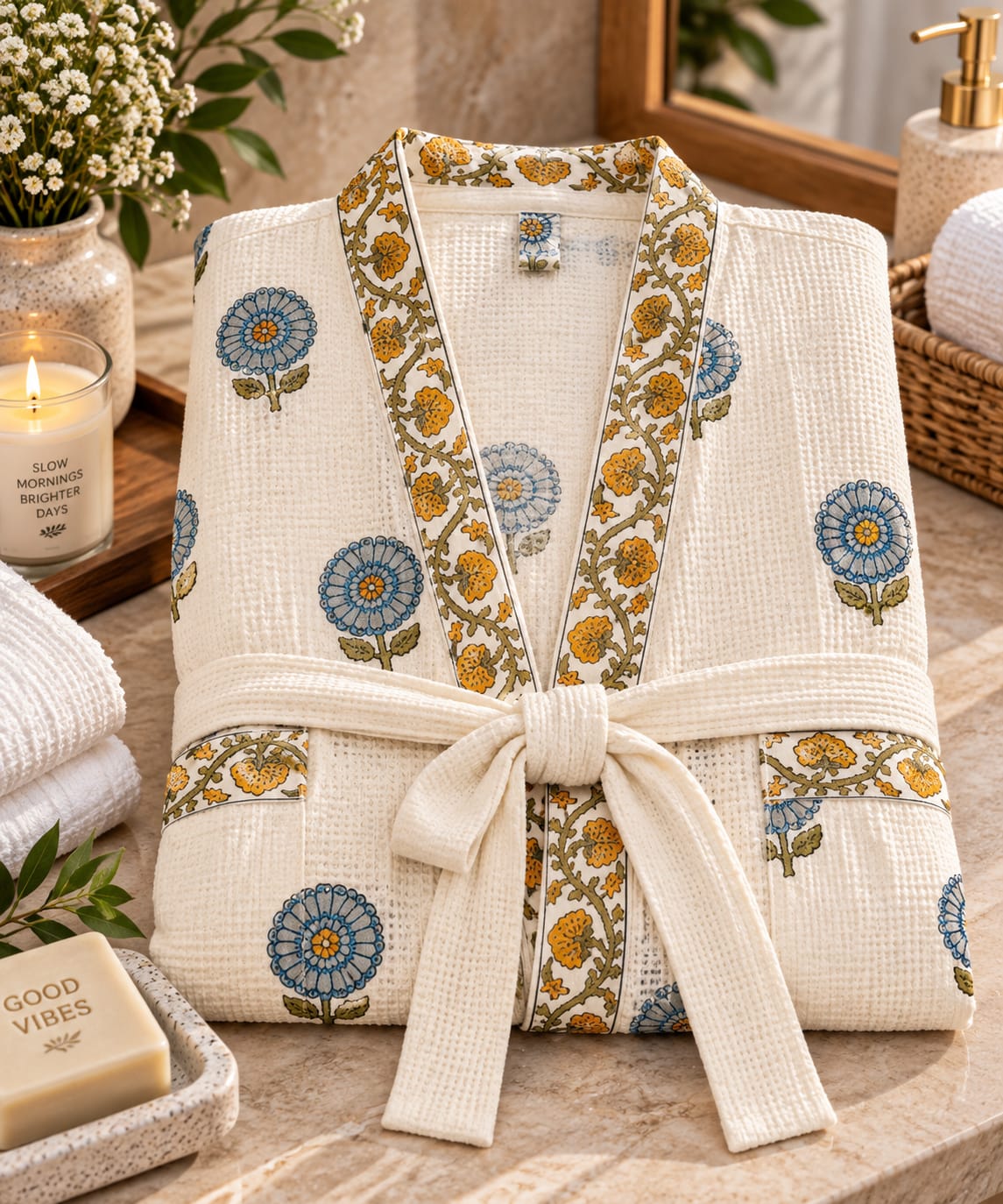 A folded cream-colored waffle-weave bathrobe with blue and yellow floral patterns, styled on a stone countertop with spa props including a candle, soap, and folded towels.