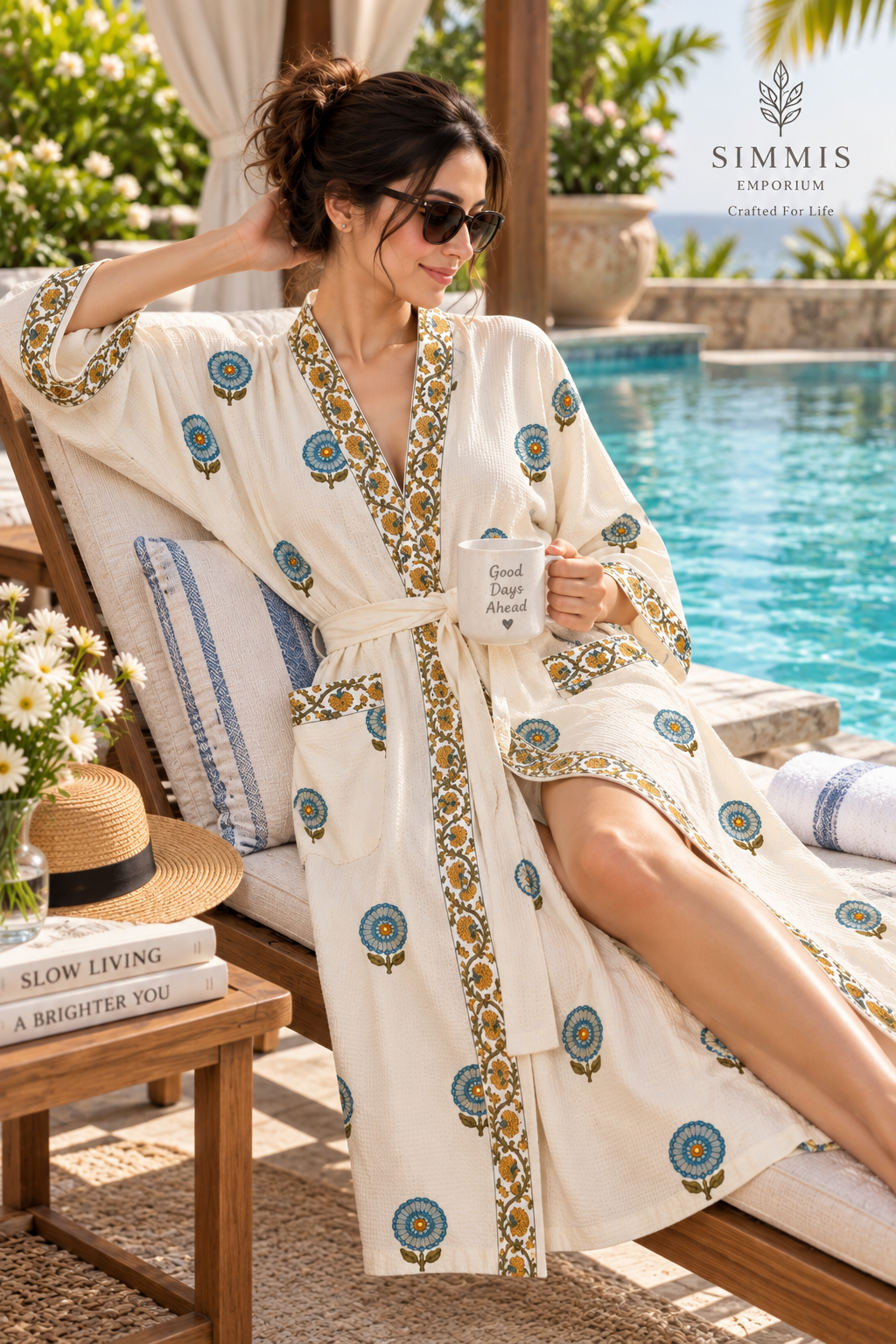 A woman wearing a cream-colored cotton robe with blue and gold floral patterns relaxes on a wooden lounge chair by a swimming pool. She holds a white mug, and the Simmis Emporium brand logo is visible in the top right corner.