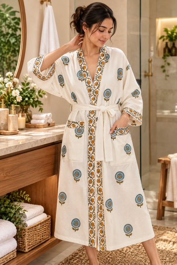 A woman wearing a white cotton robe with blue and gold floral patterns, standing in a bathroom setting.