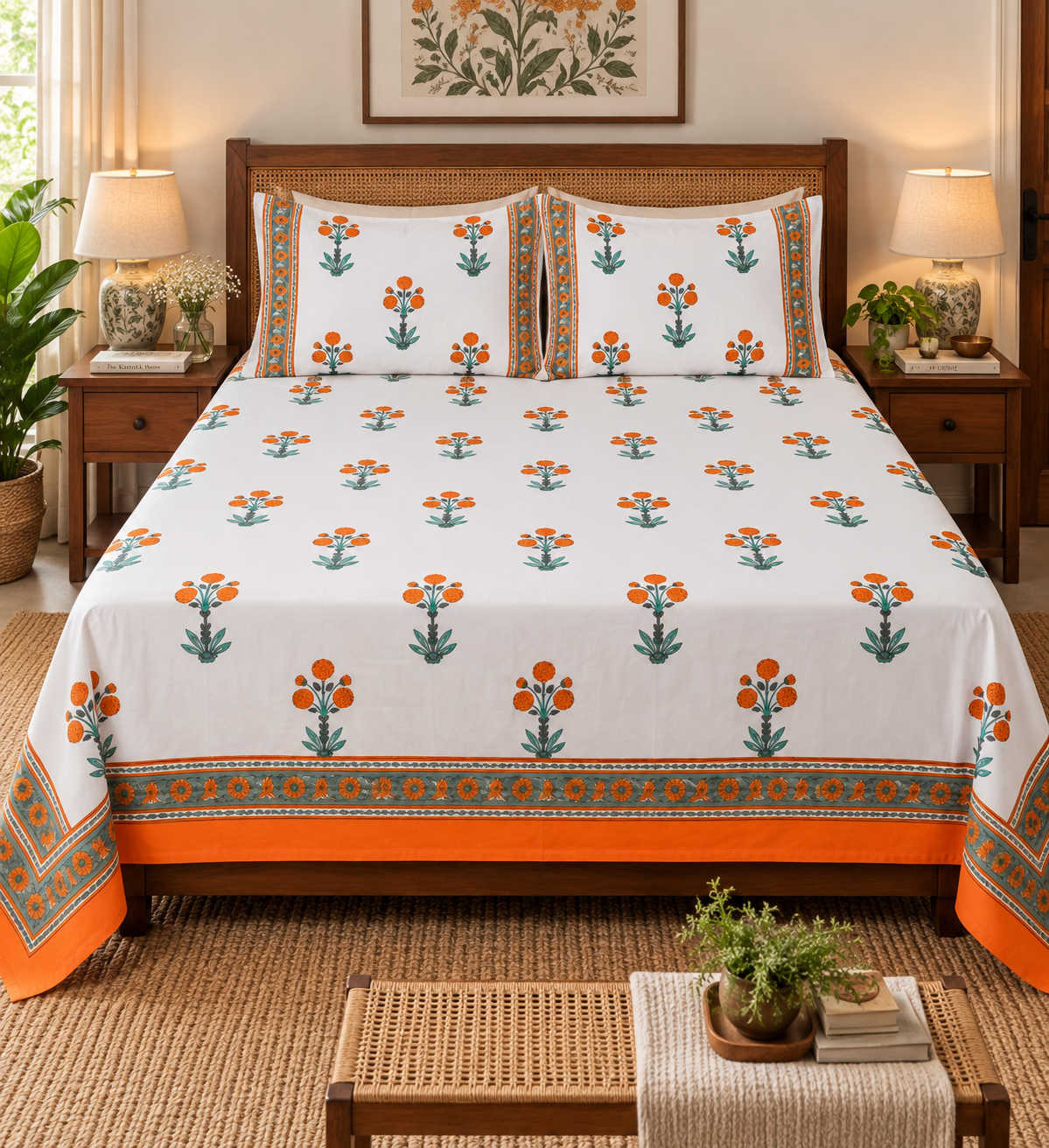Marigold Charm- Pure Cotton Hand Block Print Bedsheet