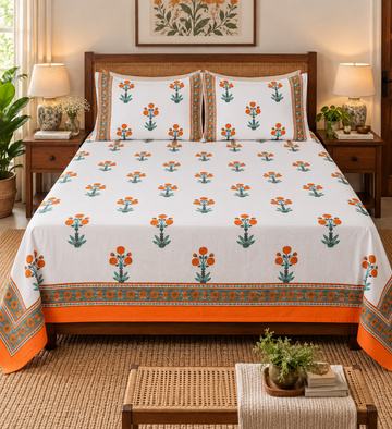 Marigold Charm- Pure Cotton Hand Block Print Bedsheet