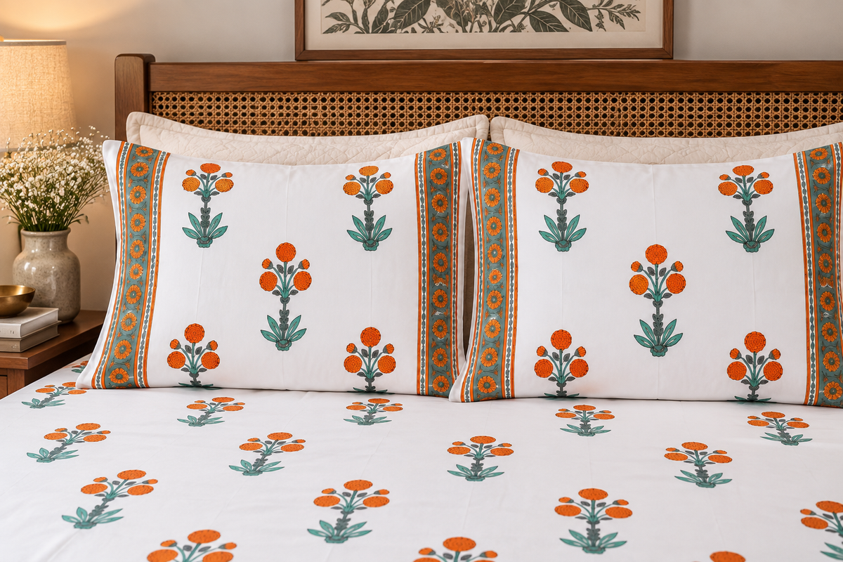 Marigold Charm- Pure Cotton Hand Block Print Bedsheet
