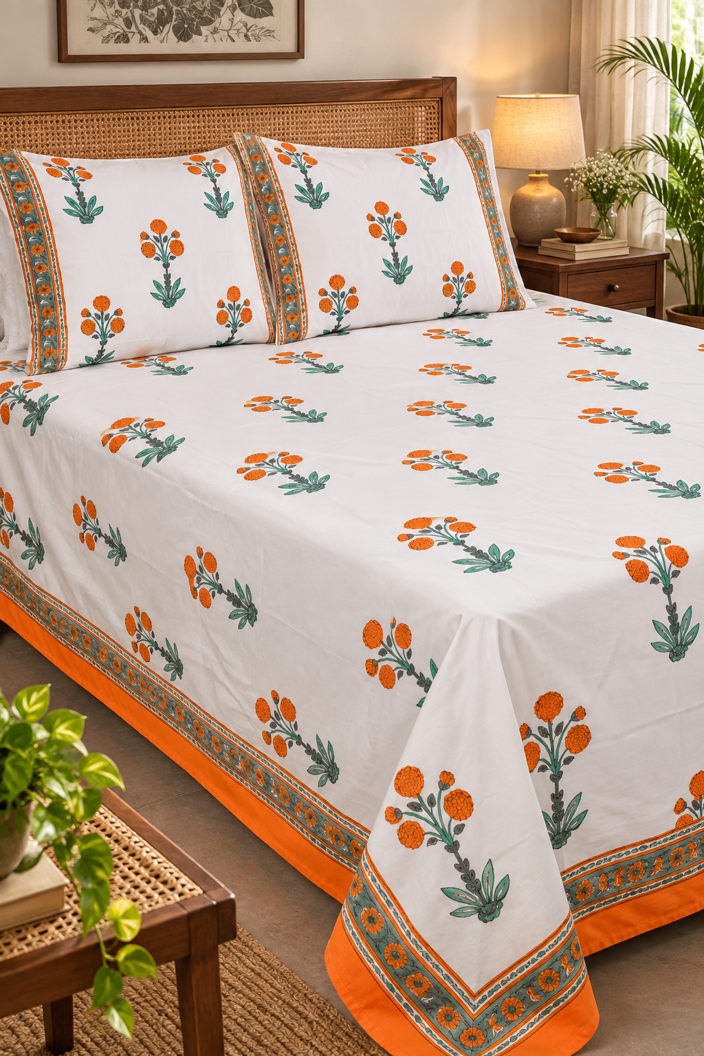 Marigold Charm- Pure Cotton Hand Block Print Bedsheet