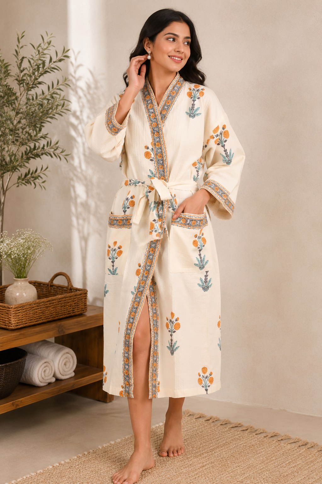 Woman wearing a cream-colored Hand Block Printed robe in a home setting.