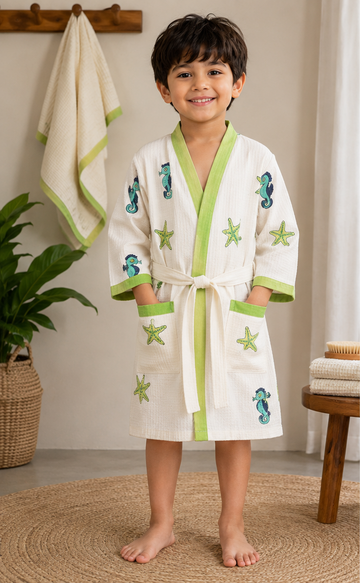 Ocean Buddy – Hand Block Print Pure Cotton Waffle Weave Bathrobe