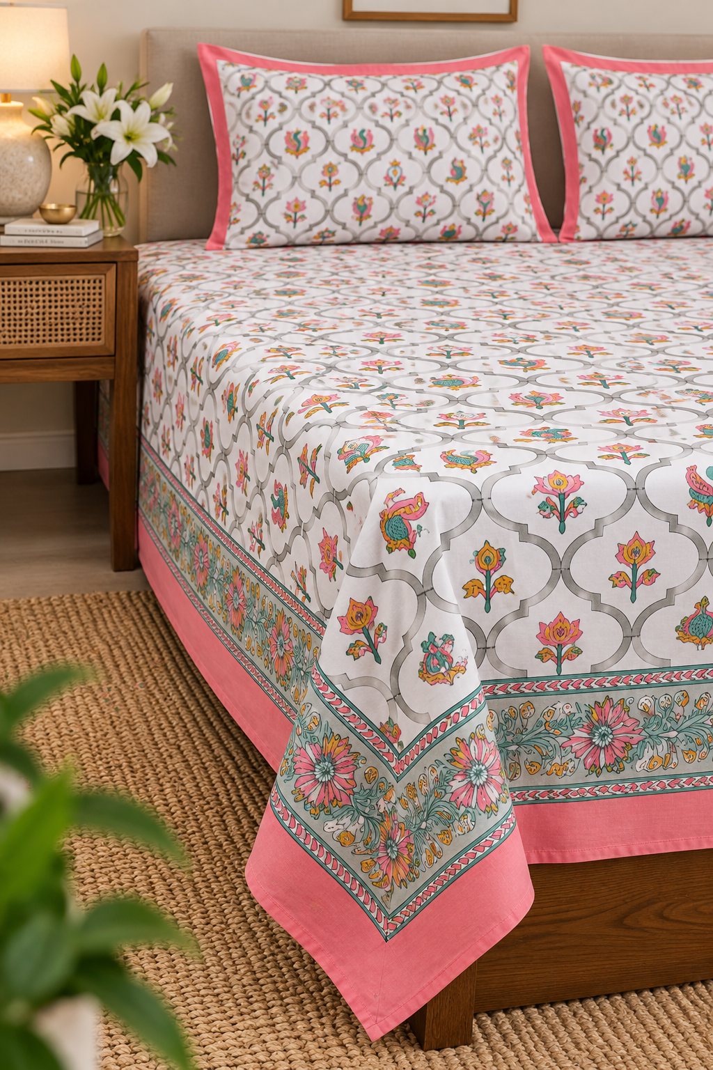 A neatly made bed in a bright bedroom setting, covered with a white quilted bedsheet featuring a colorful floral trellis pattern and matching pillowcases with pink borders.
