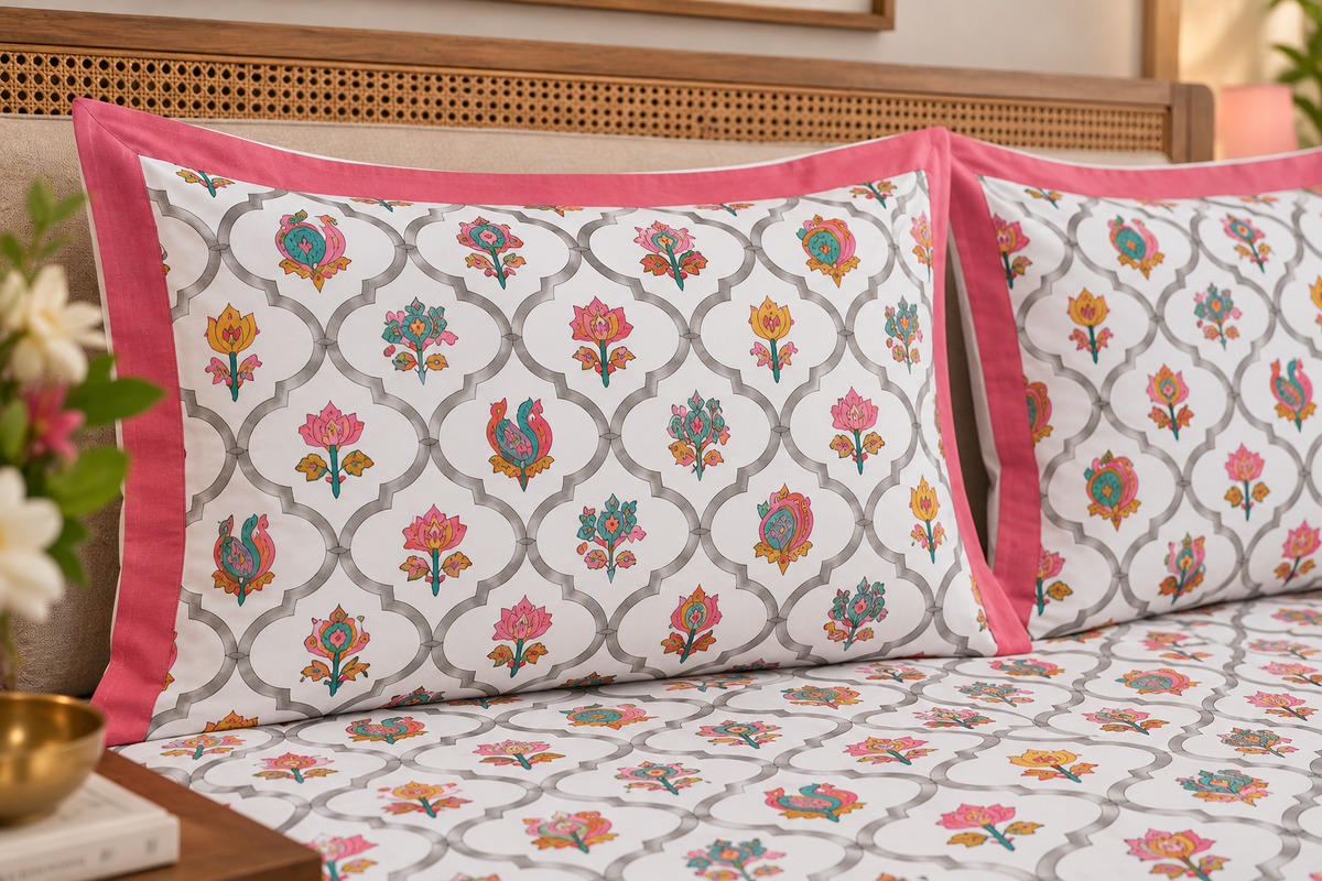 A close-up of a bed dressed in matching printed bedding, featuring two pillowcases and a fitted sheet with a white background, gray trellis pattern, and colorful floral motifs in pink, orange, and teal. The bedding has a solid pink border trim.