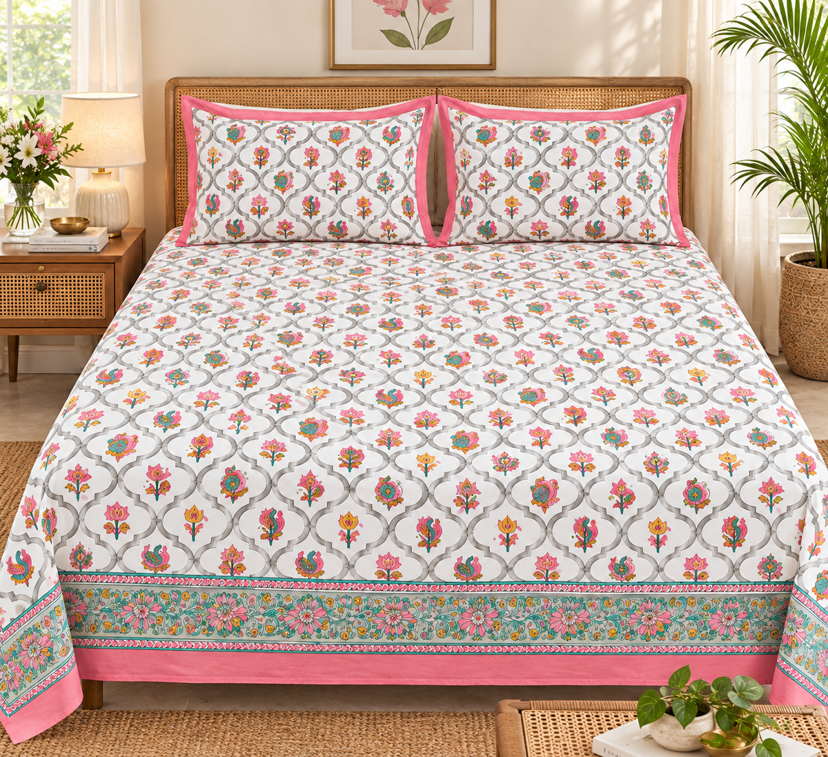 A neatly made bed in a bright bedroom setting, covered with a white quilted bedsheet featuring a colorful floral trellis pattern and matching pillowcases with pink borders.