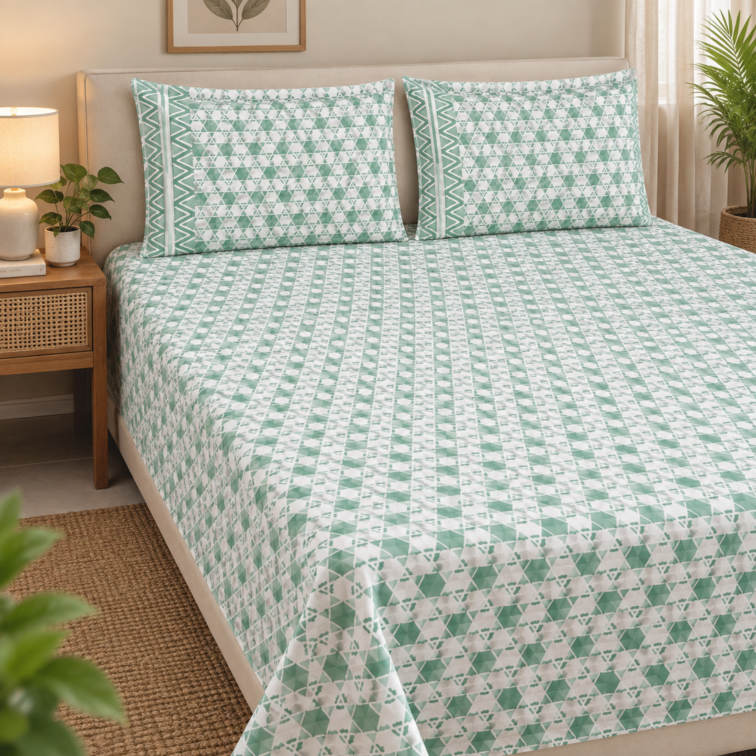 A bed dressed in a white sheet and two matching pillowcases featuring a mint green geometric pattern, styled in a warm, neutral-toned bedroom with a wooden nightstand, potted plants, and a lamp.