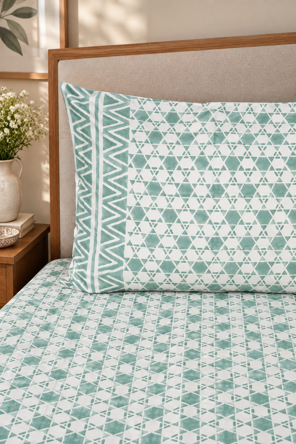 A bed dressed in a white sheet and two matching pillowcases featuring a mint green geometric pattern, styled in a warm, neutral-toned bedroom with a wooden nightstand, potted plants, and a lamp.