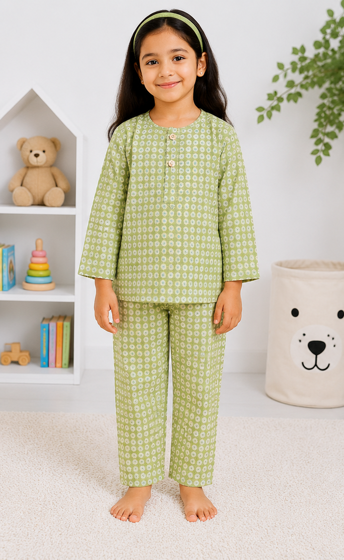 Child wearing a green checkered outfit standing in a room with a teddy bear and books in the background.