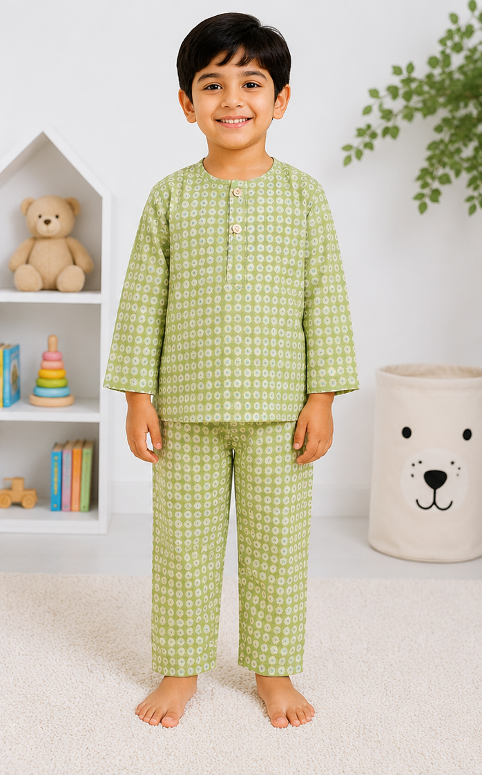 Child wearing green checkered pajamas in a room with toys and a plant.