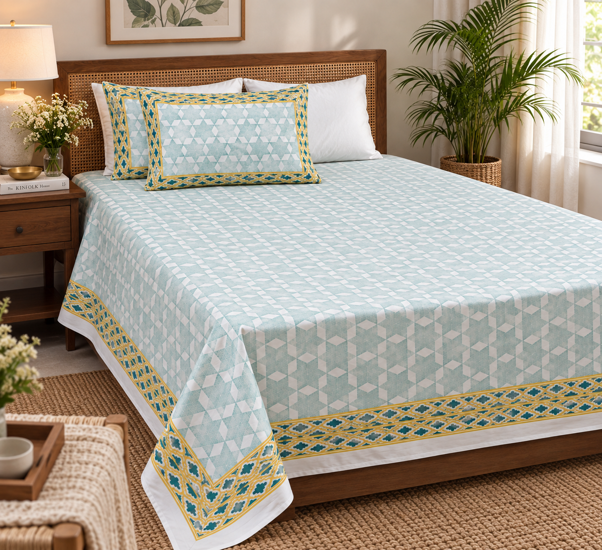 Mint Zest- Pure Cotton Hand Block Print Bedsheet