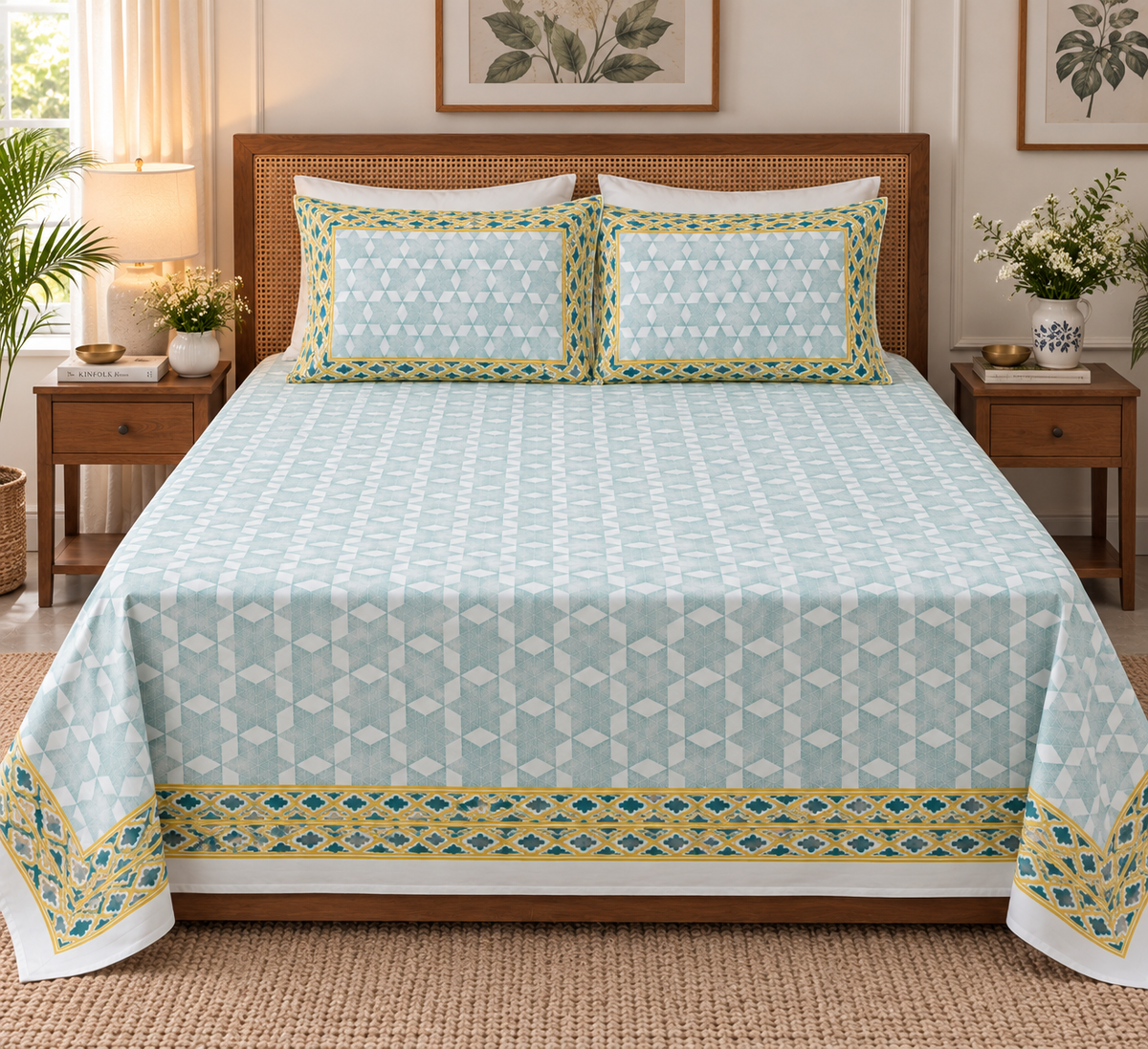 Mint Zest- Pure Cotton Hand Block Print Bedsheet