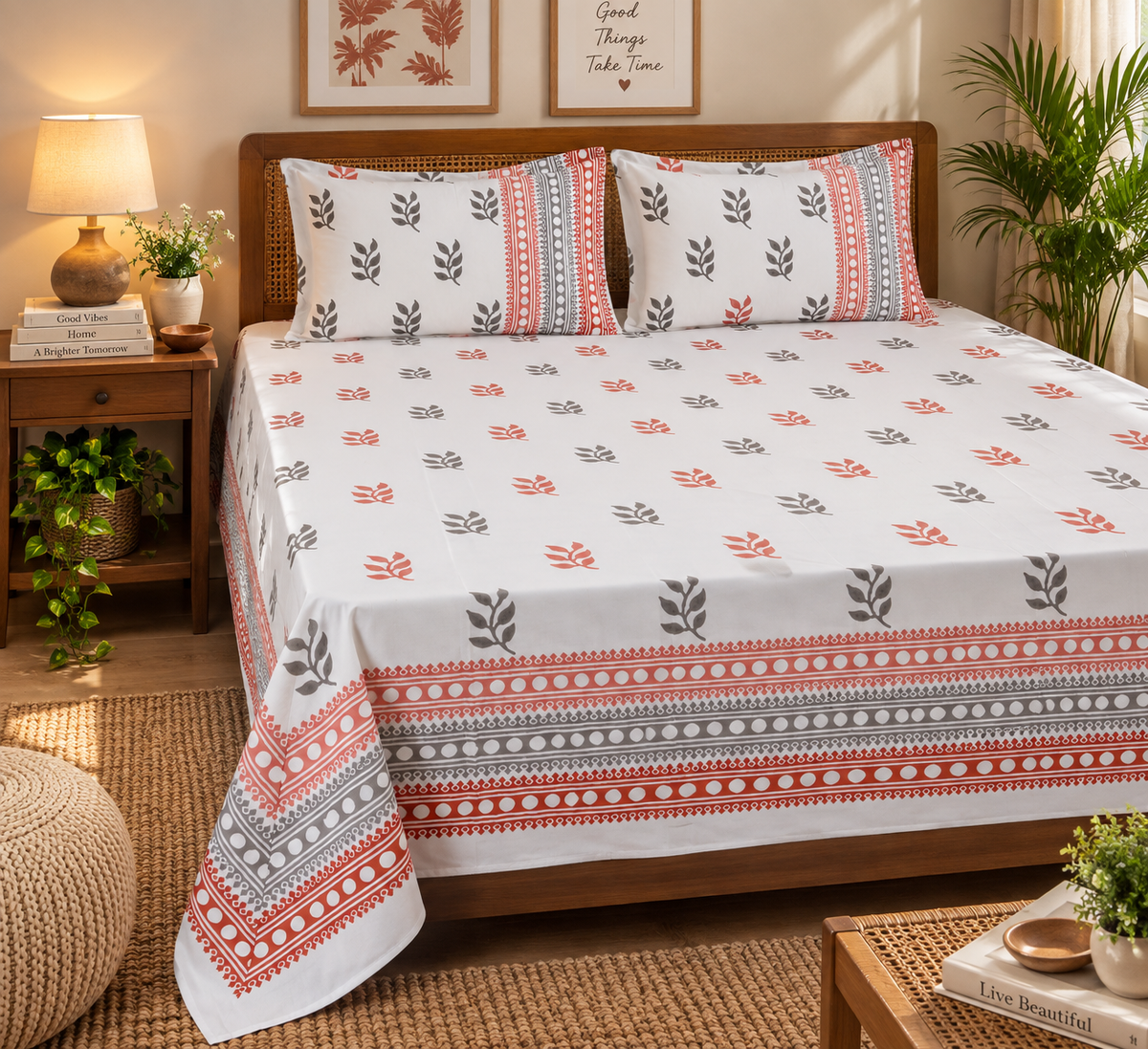 Miti Earthen Leaf- Pure Cotton Hand Block Print Bedsheet