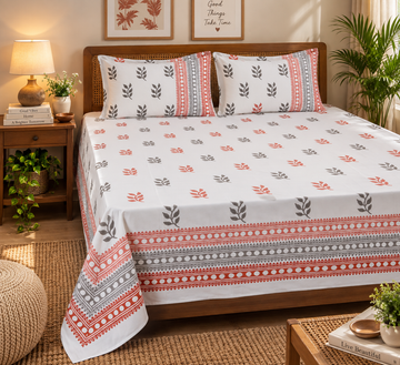 Miti Earthen Leaf- Pure Cotton Hand Block Print Bedsheet