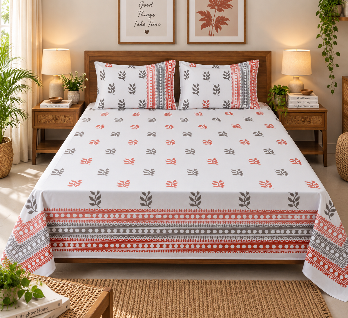 Miti Earthen Leaf- Pure Cotton Hand Block Print Bedsheet