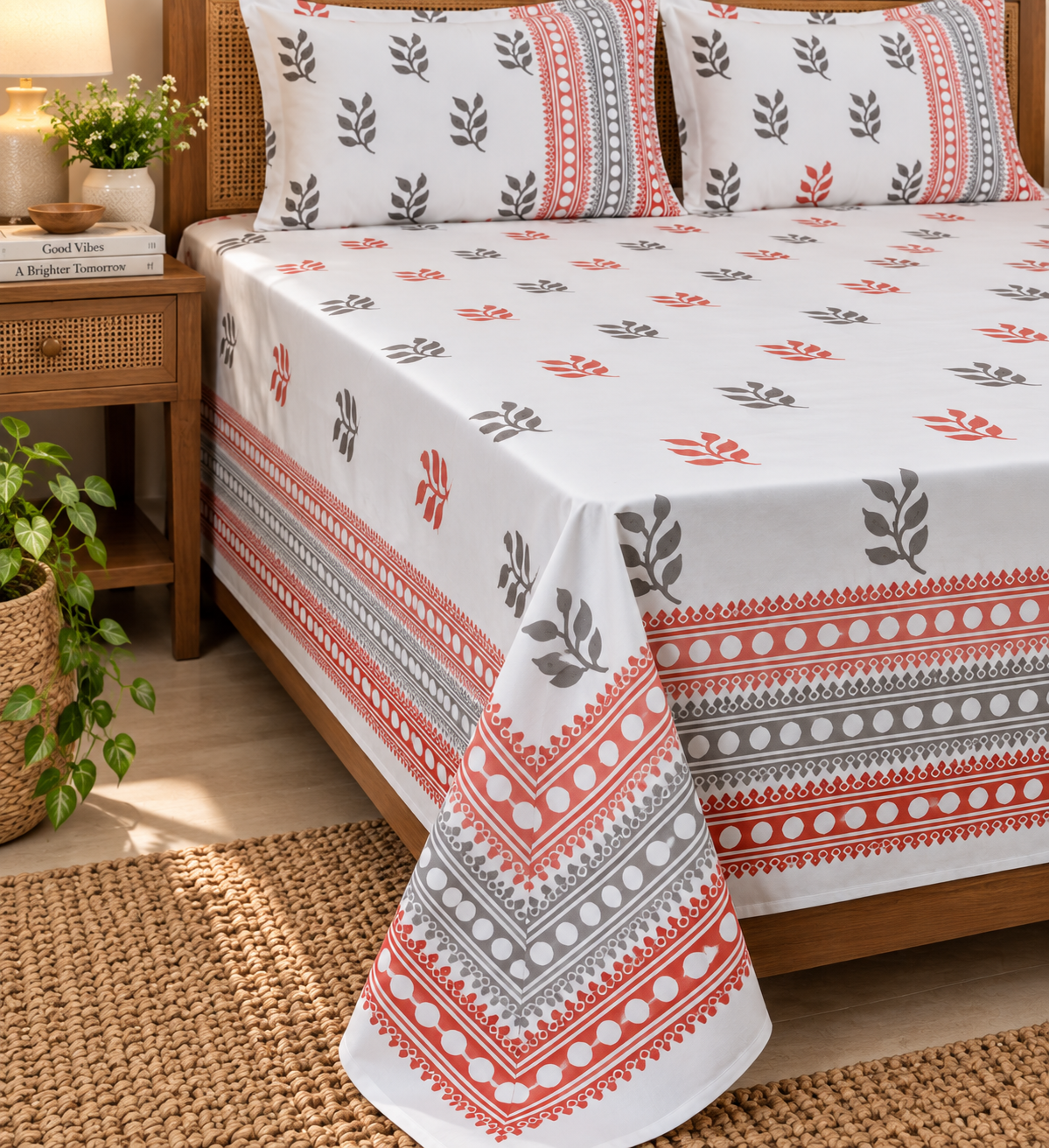 Miti Earthen Leaf- Pure Cotton Hand Block Print Bedsheet