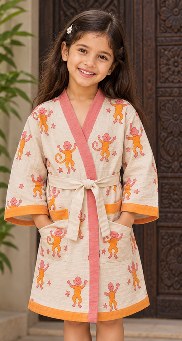 Little Monkeys – Hand Block Print Pure Cotton Waffle Weave Bathrobe