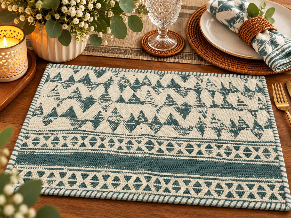 A rectangular woven placemat with a teal and cream geometric tribal pattern, styled on a wooden dining table alongside a candle, flowers, plates, and a napkin.