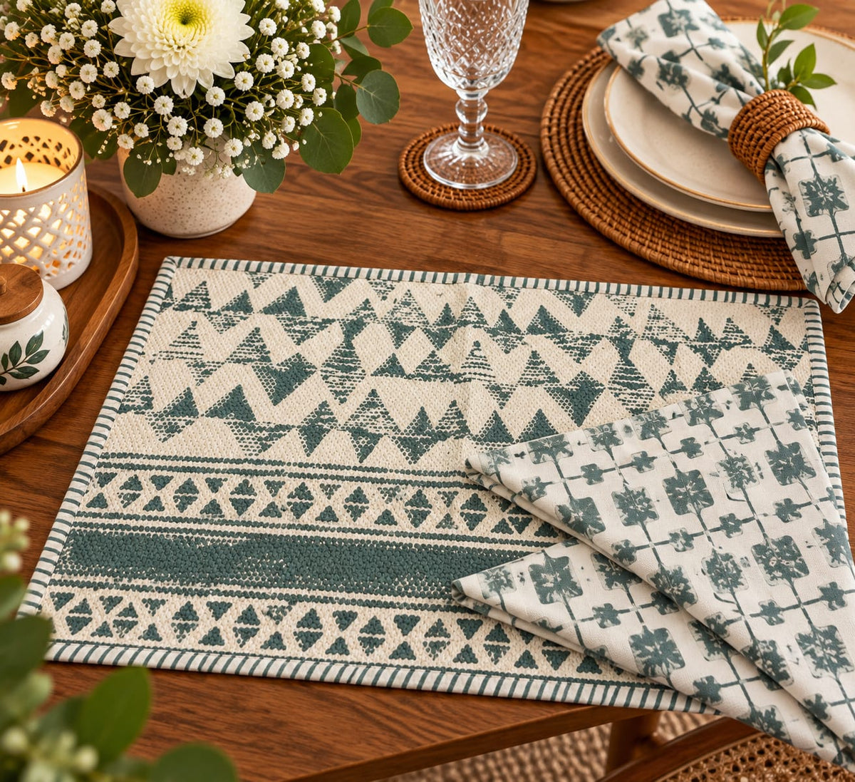 A woven placemat with a cream and teal geometric pattern is styled on a wooden dining table alongside a matching patterned napkin, plates, a candle, and flowers.
