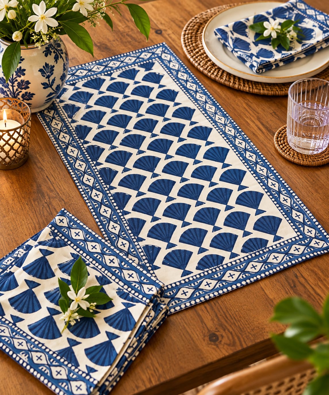 Blue and white patterned table linens, including a long runner and folded napkins, arranged on a wooden dining table with plates, a glass, and floral accents.