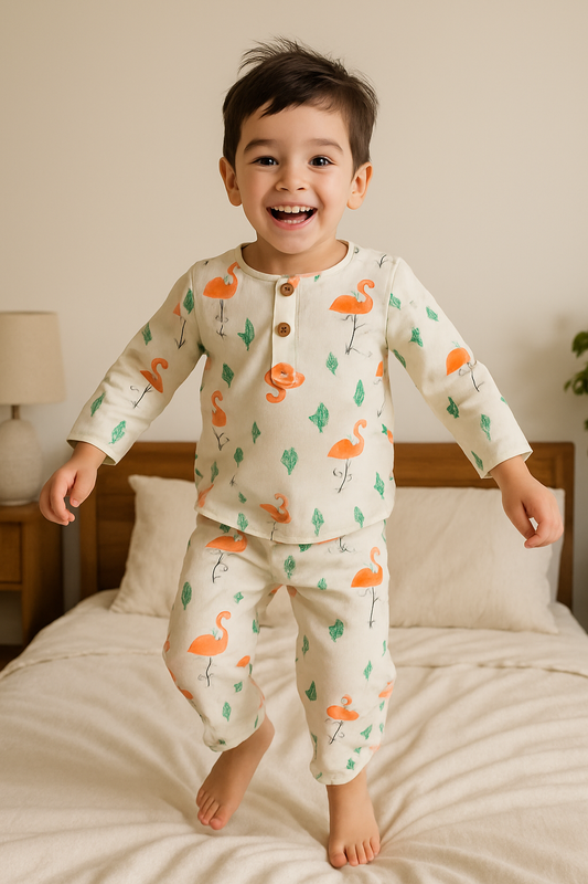 Simmi’s Emporium Tropical Dreams Kids Night Suit – Hand Block Printed Cotton Sleepwear with Flamingo Design
