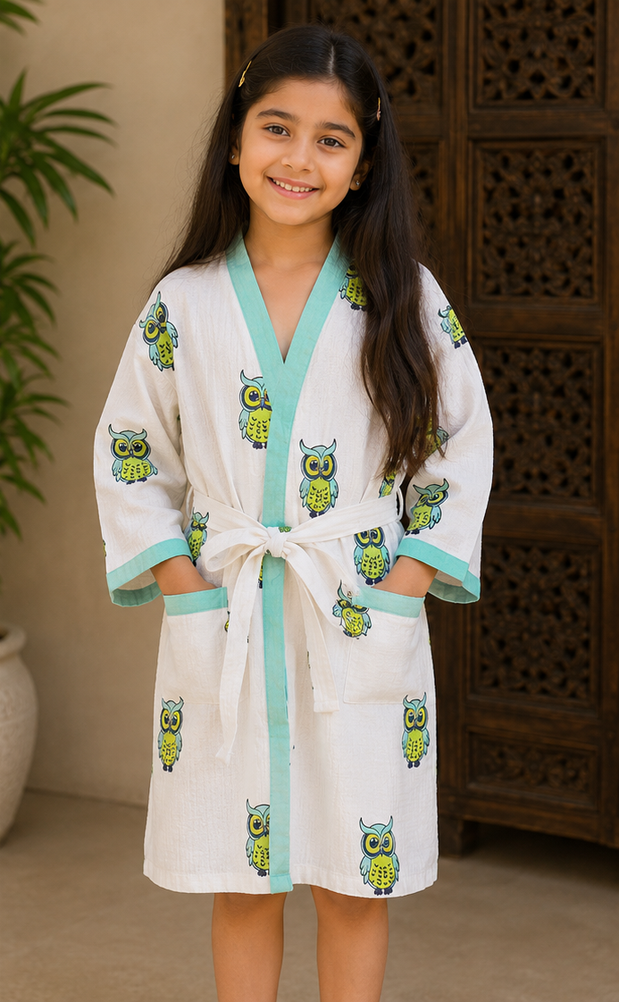 Wise Owls – Hand Block Print Pure Cotton Waffle Weave Bathrobe