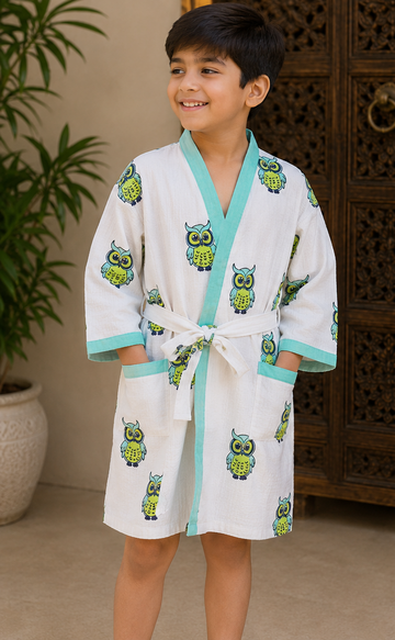 Wise Owls – Hand Block Print Pure Cotton Waffle Weave Bathrobe