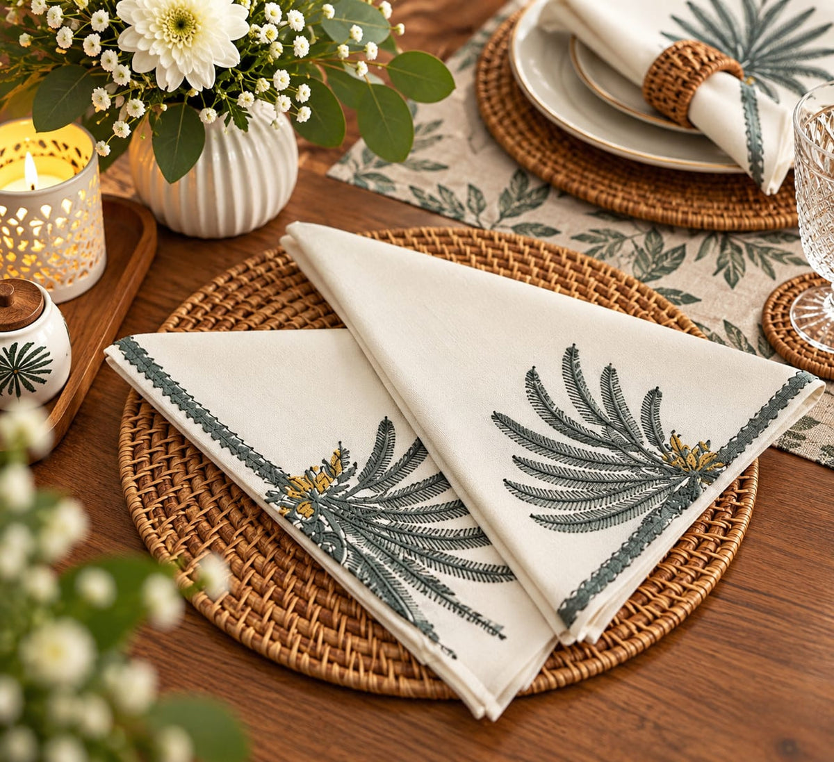 Palm Vatika – Hand Block Print Mat & Napkin Set