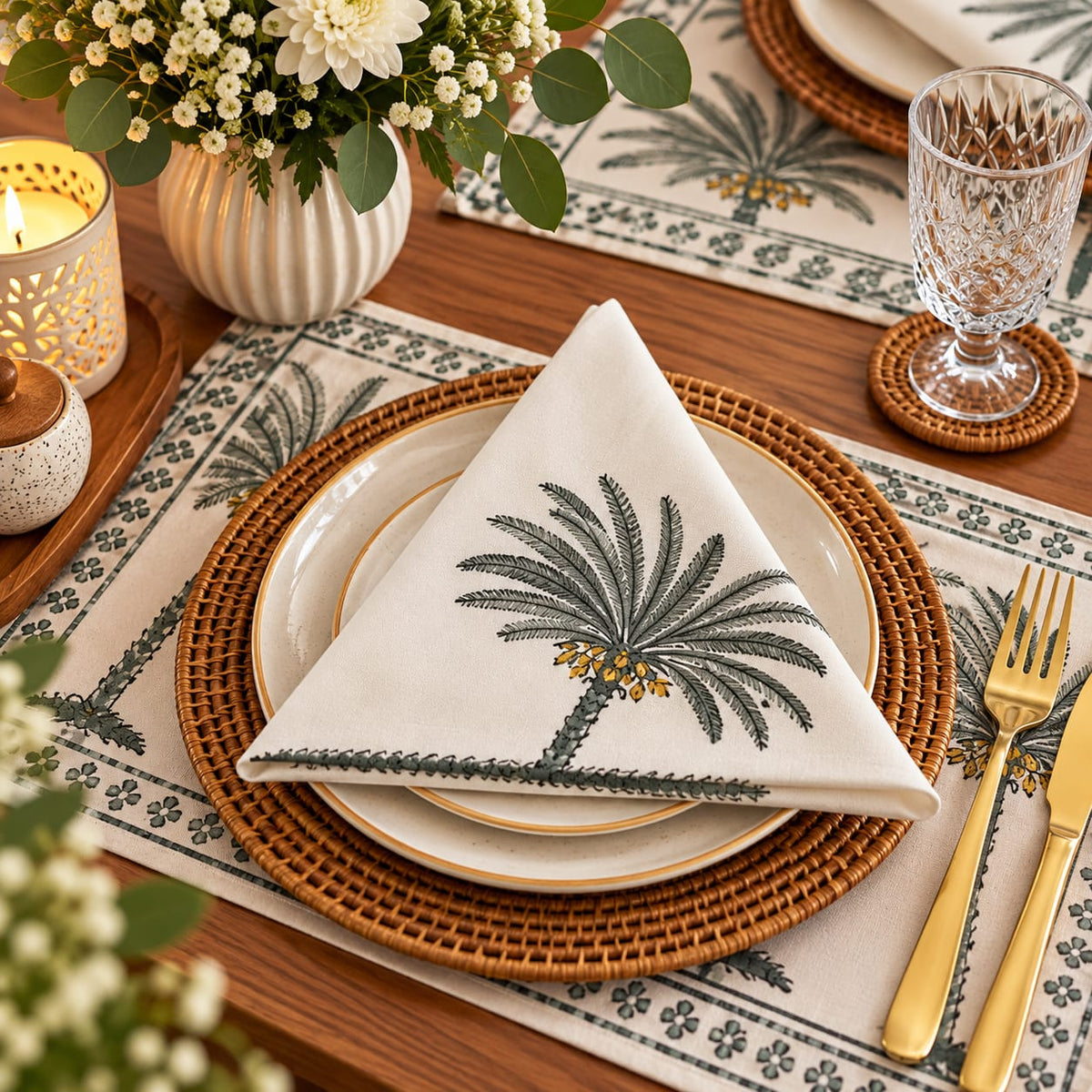 Palm Vatika – Hand Block Print Mat & Napkin Set