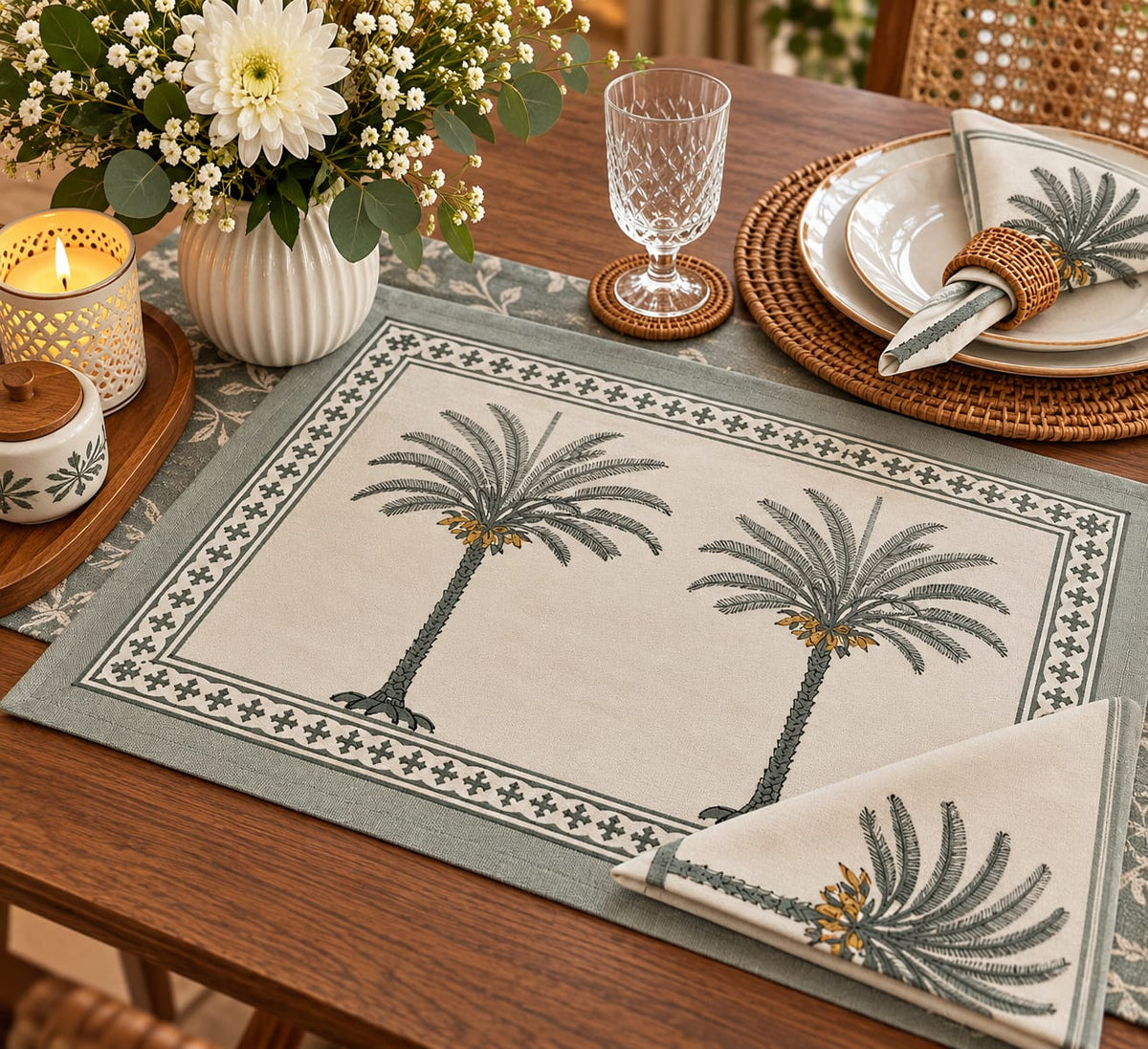 Palm Vatika – Hand Block Print Mat & Napkin Set
