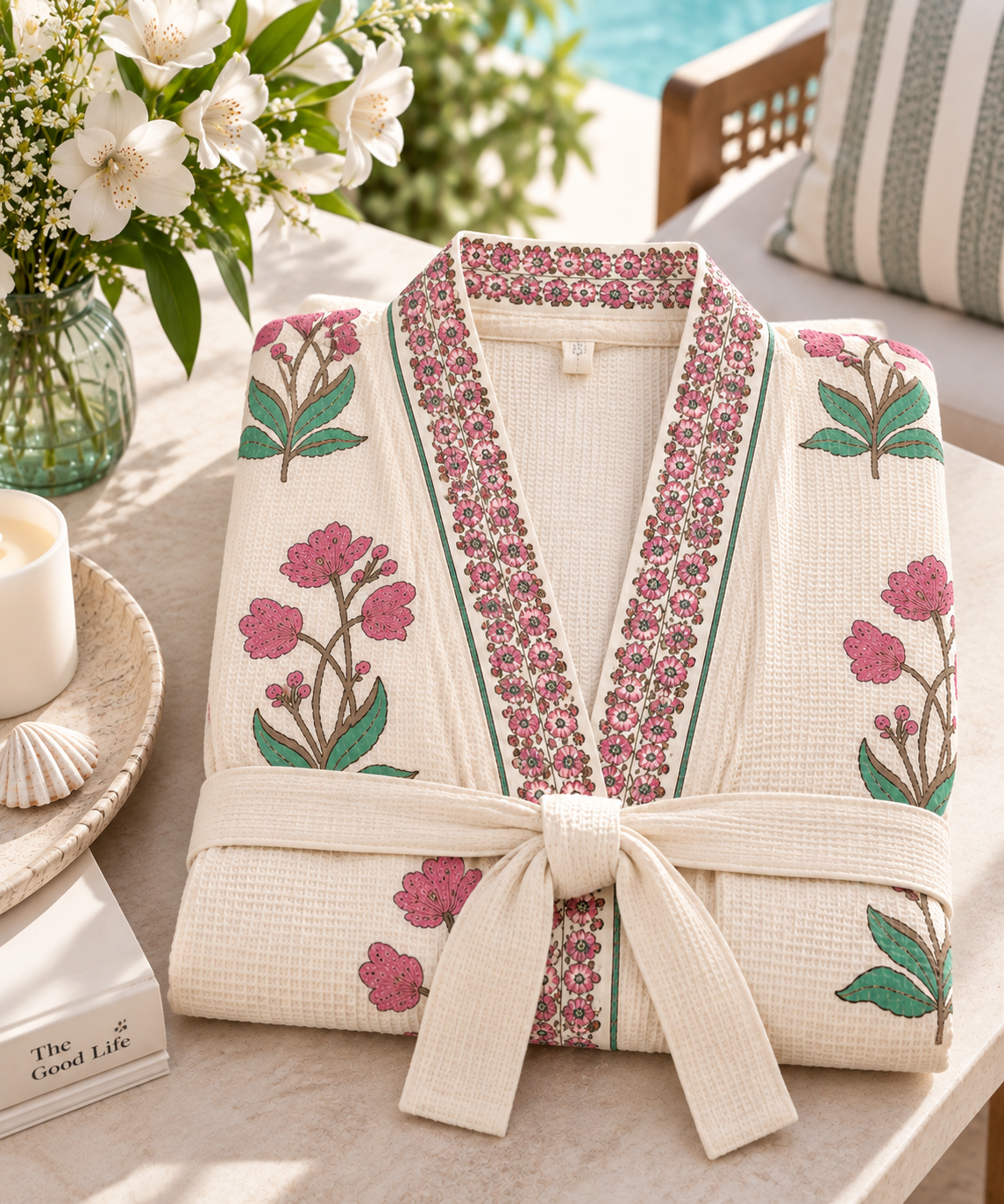 Petal & Sage - Hand Block Print Pure Cotton Waffle Weave Bathrobe