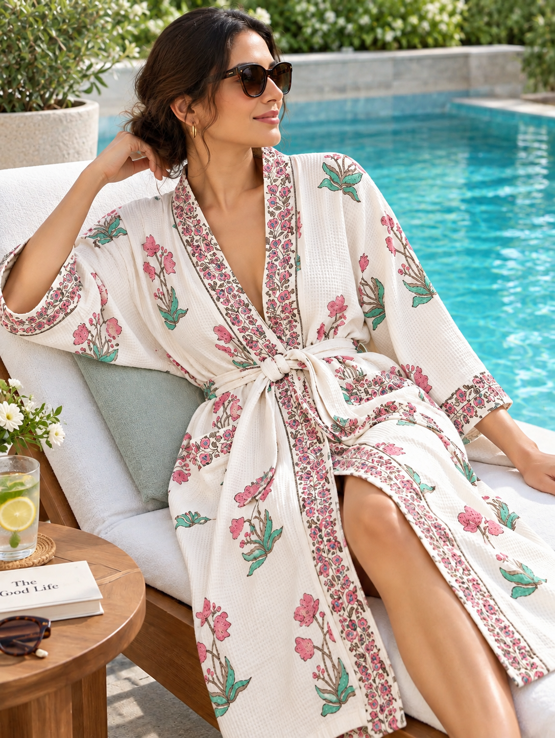 Petal & Sage - Hand Block Print Pure Cotton Waffle Weave Bathrobe