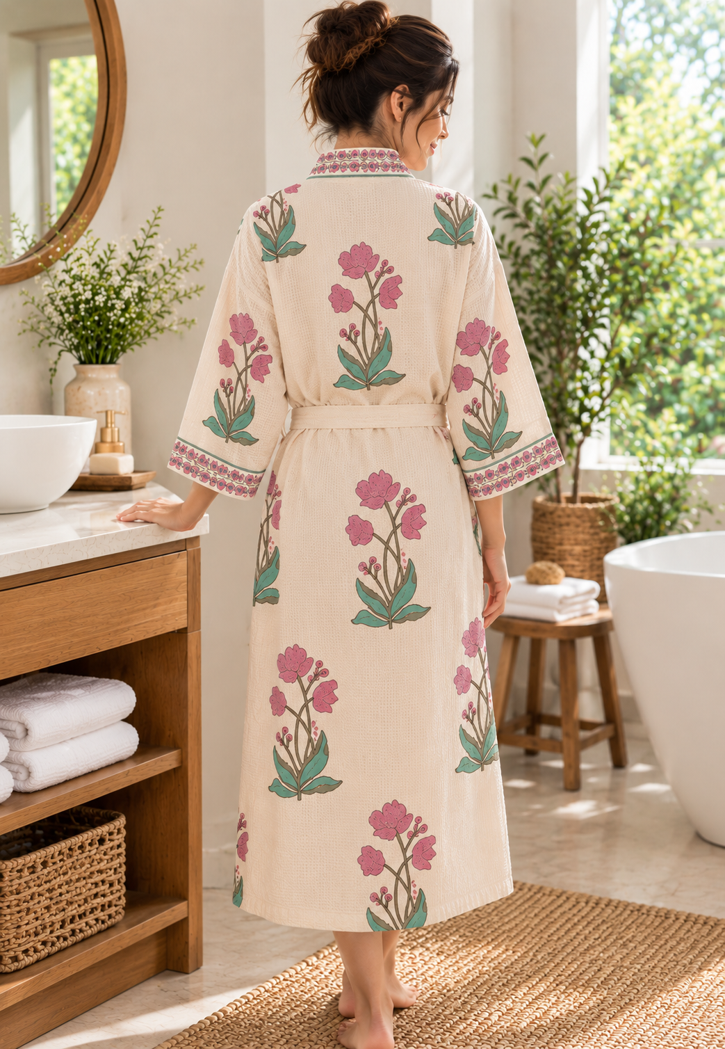 Petal & Sage - Hand Block Print Pure Cotton Waffle Weave Bathrobe
