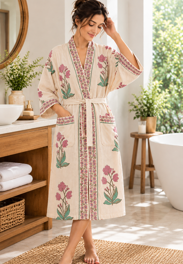 Petal & Sage - Hand Block Print Pure Cotton Waffle Weave Bathrobe