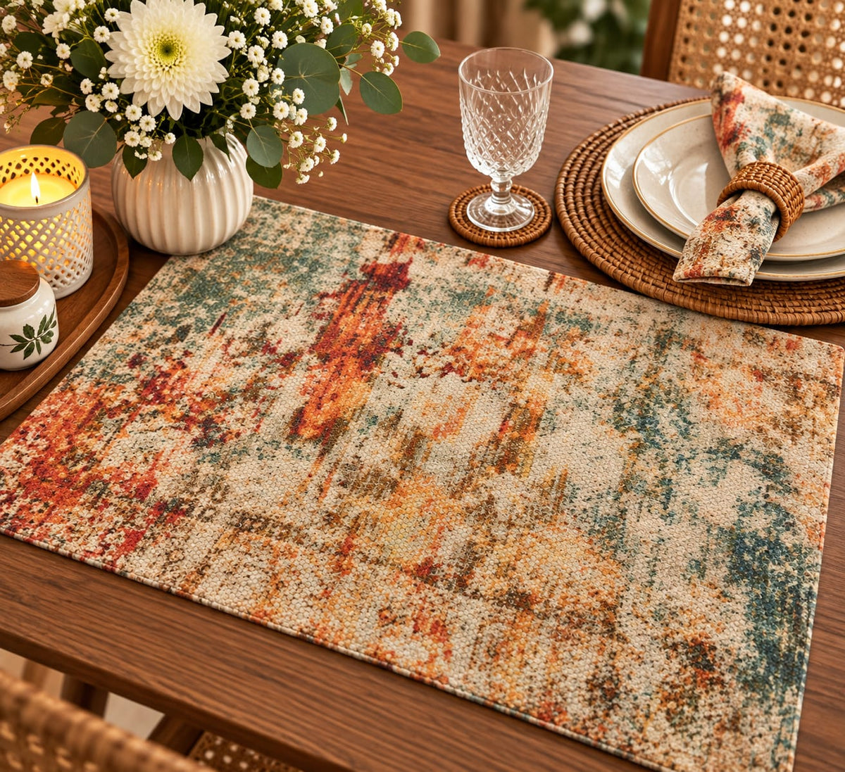 A rectangular woven placemat with an abstract distressed pattern in beige, rust orange, teal, and brown, styled on a wooden dining table with a glass, plates, and flowers.